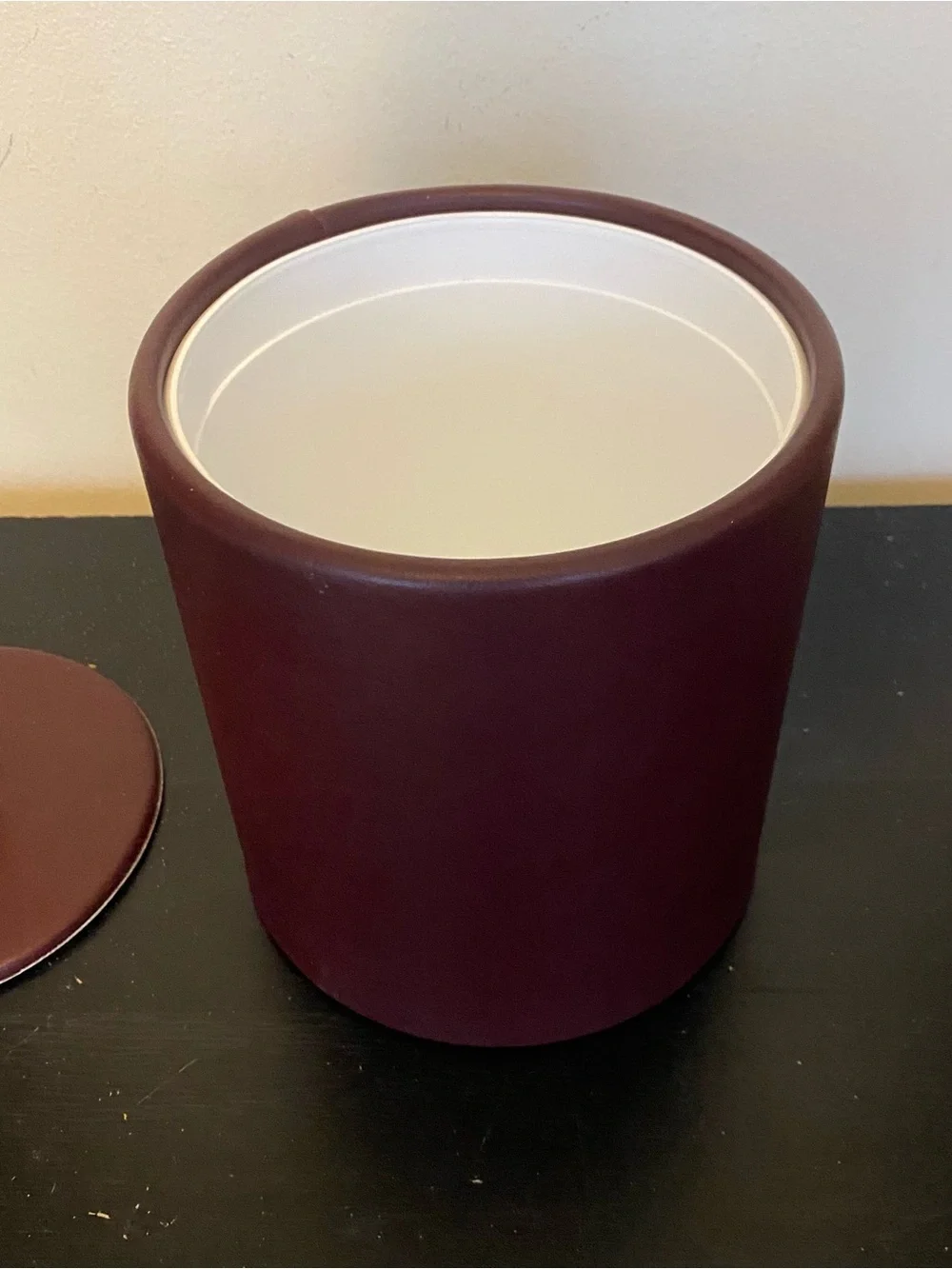 Vintage Hapco Elmar Ice Bucket With Lid Red Maroon Leather Wood Knob Handle USA